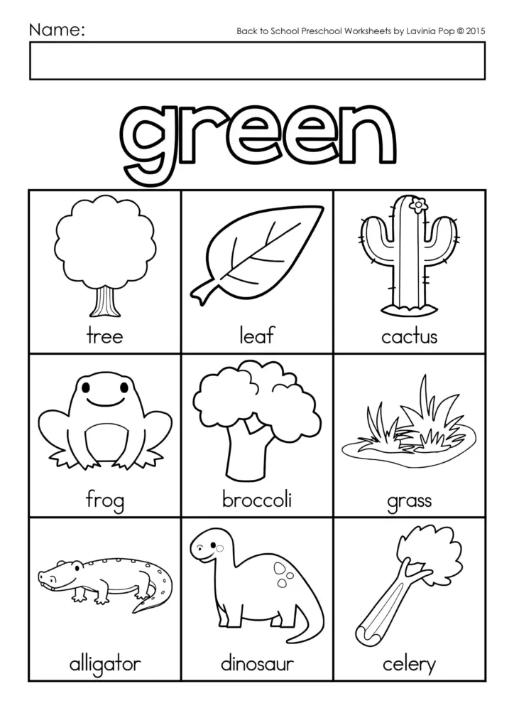 Green vocabulary worksheet with nine labeled drawings