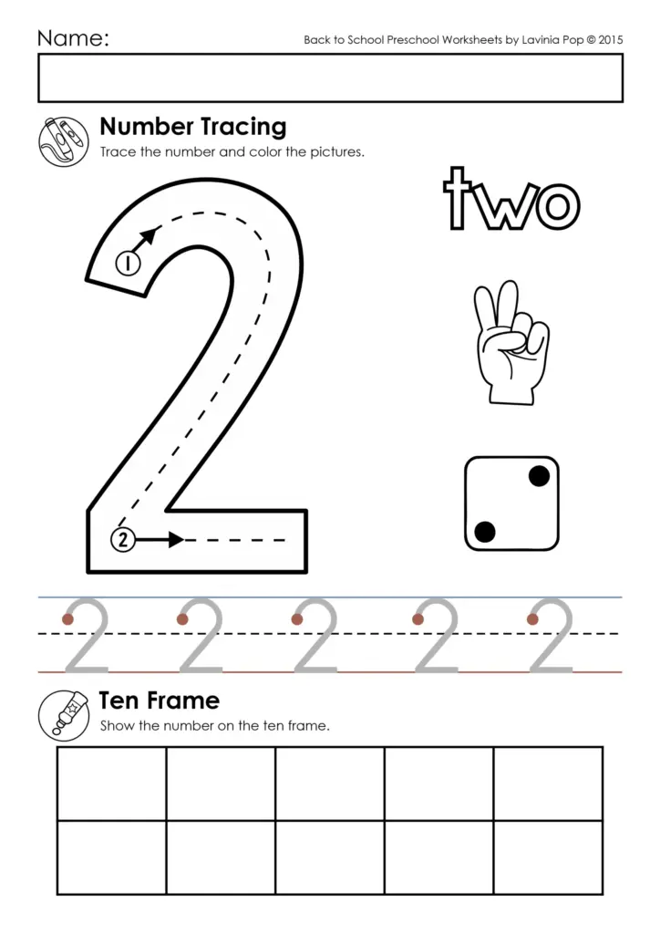 Preschool number tracing worksheet with large two and ten frame