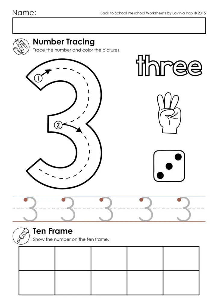 Number tracing worksheet with large three, hand, and dice icons