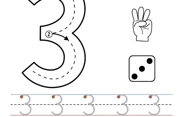 Preschool number tracing worksheet for three with ten frame