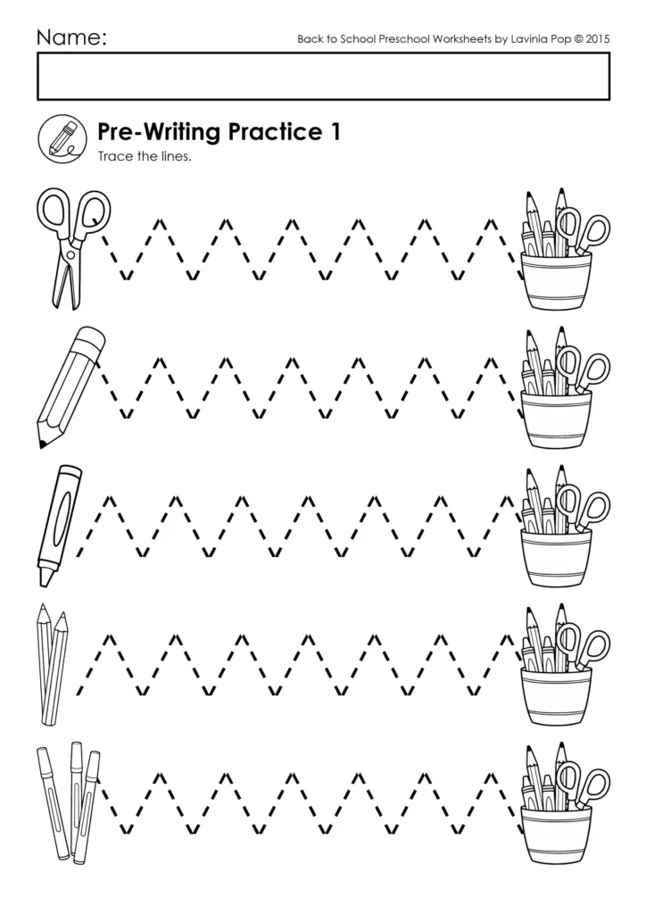 Preschool worksheet with zigzag tracing lines and school supplies