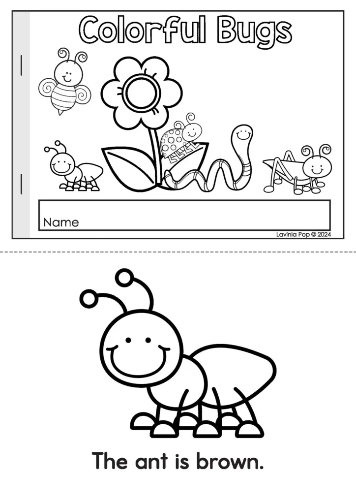 Black-and-white bug coloring worksheet with ants