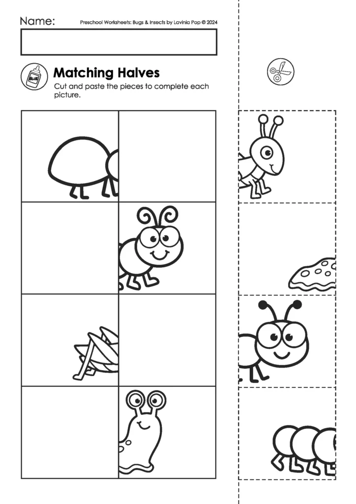 Bugs worksheet with matching halves cut-and-paste activity