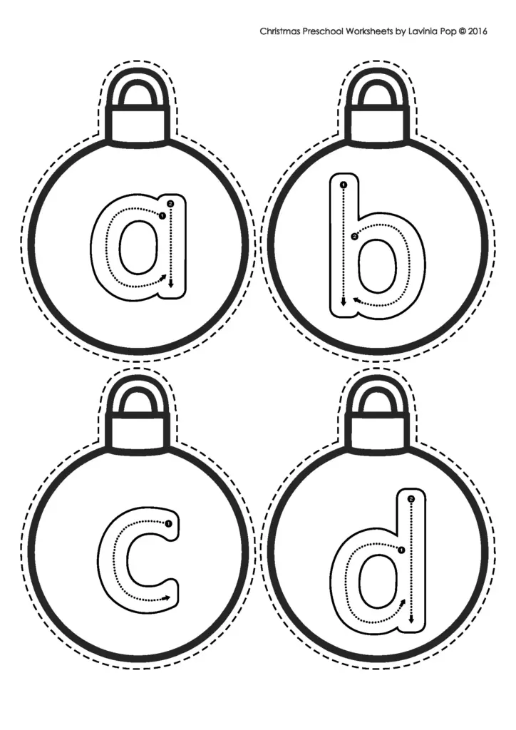 Four Christmas ornament worksheets with lowercase letters