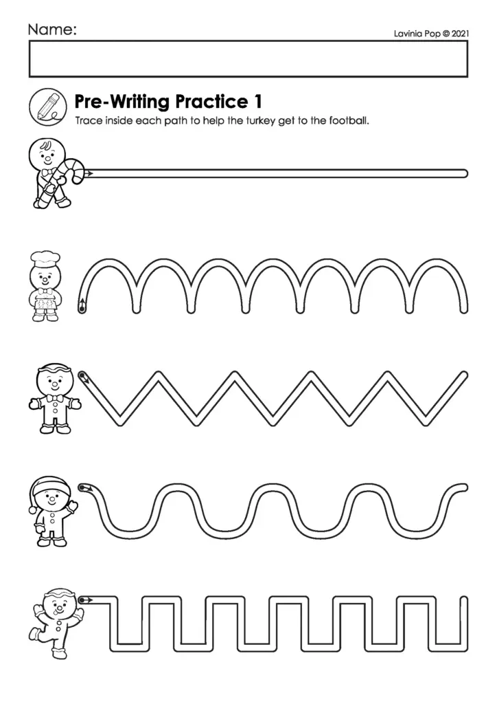 Black-and-white pre-writing worksheet with tracing paths and cartoon children
