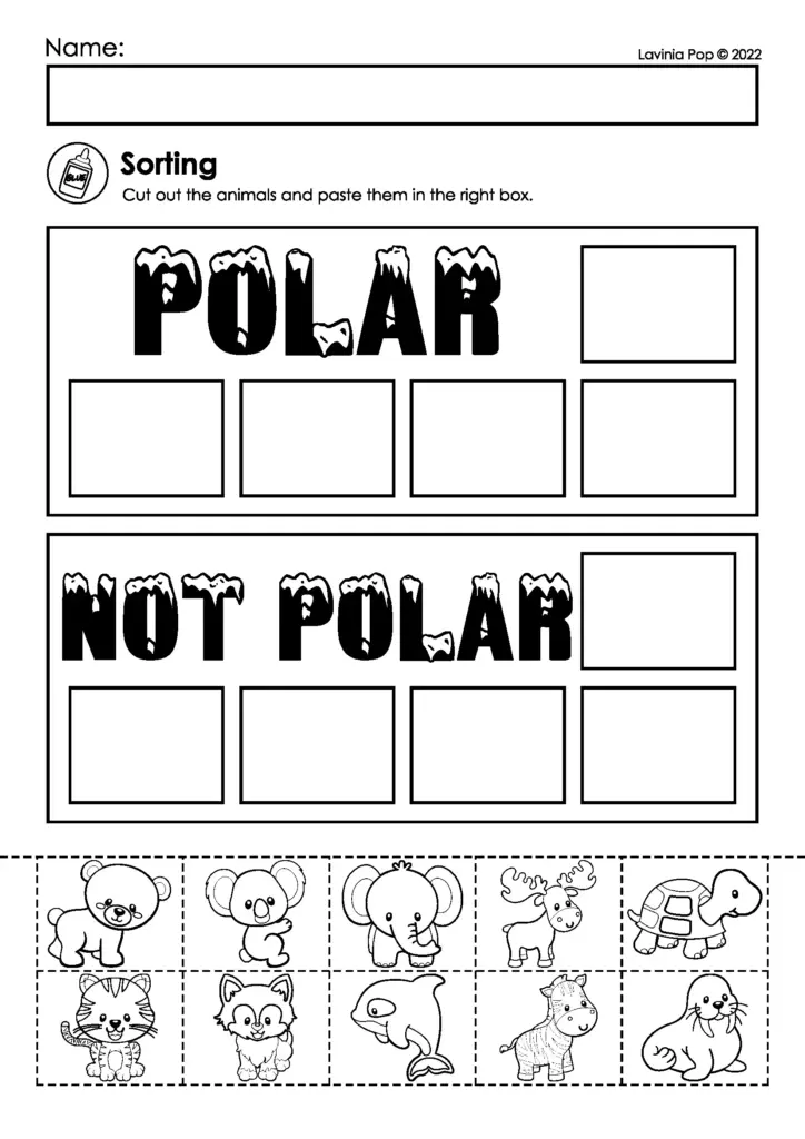 Polar and not polar animal sorting worksheet with cutouts
