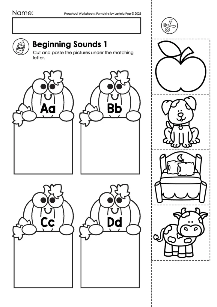 Black-and-white preschool worksheet with pumpkin matching boxes and pictures