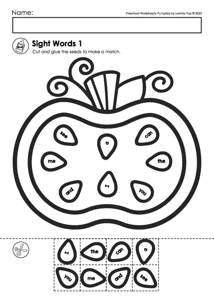Pumpkin-shaped preschool worksheet with sight words and seeds