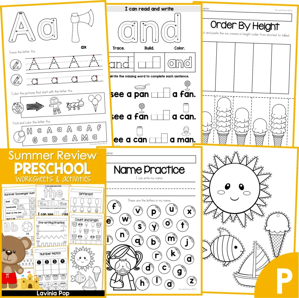 Collage of preschool worksheet pages with letters, numbers, and drawings