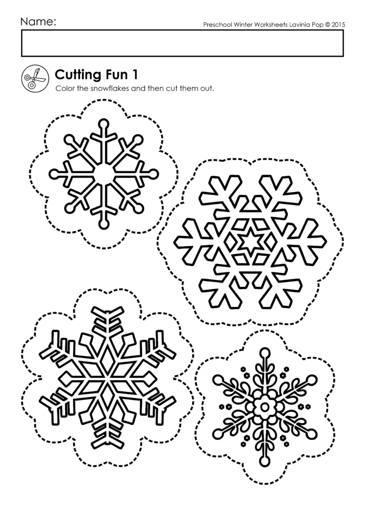 Winter worksheet with four snowflake cutout designs