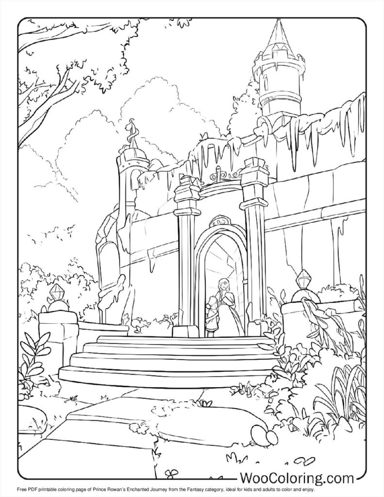Fantasy castle entrance with steps, tower, and trees