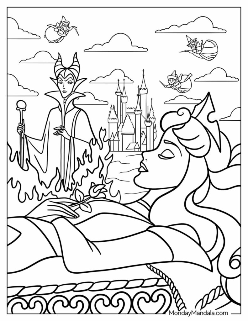 Sleeping princess with castle and flying fairies