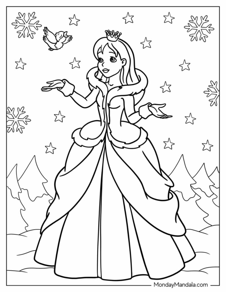 Princess coloring page with stars, snowflakes, and bird