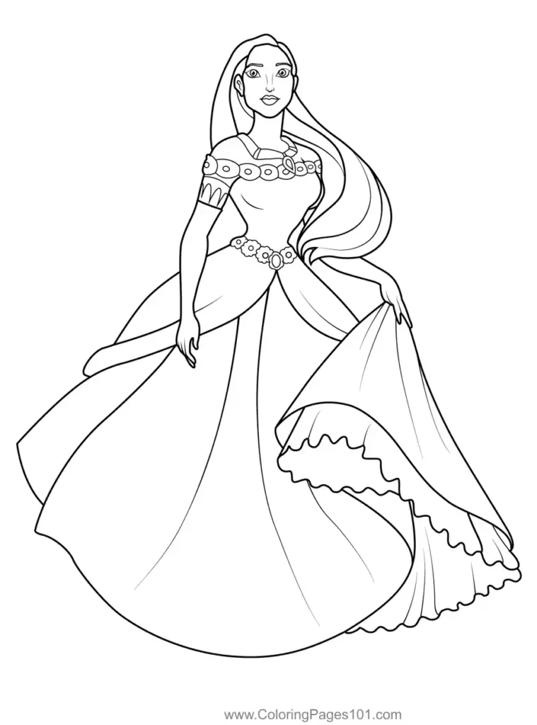 Line drawing of a woman in flowing gown