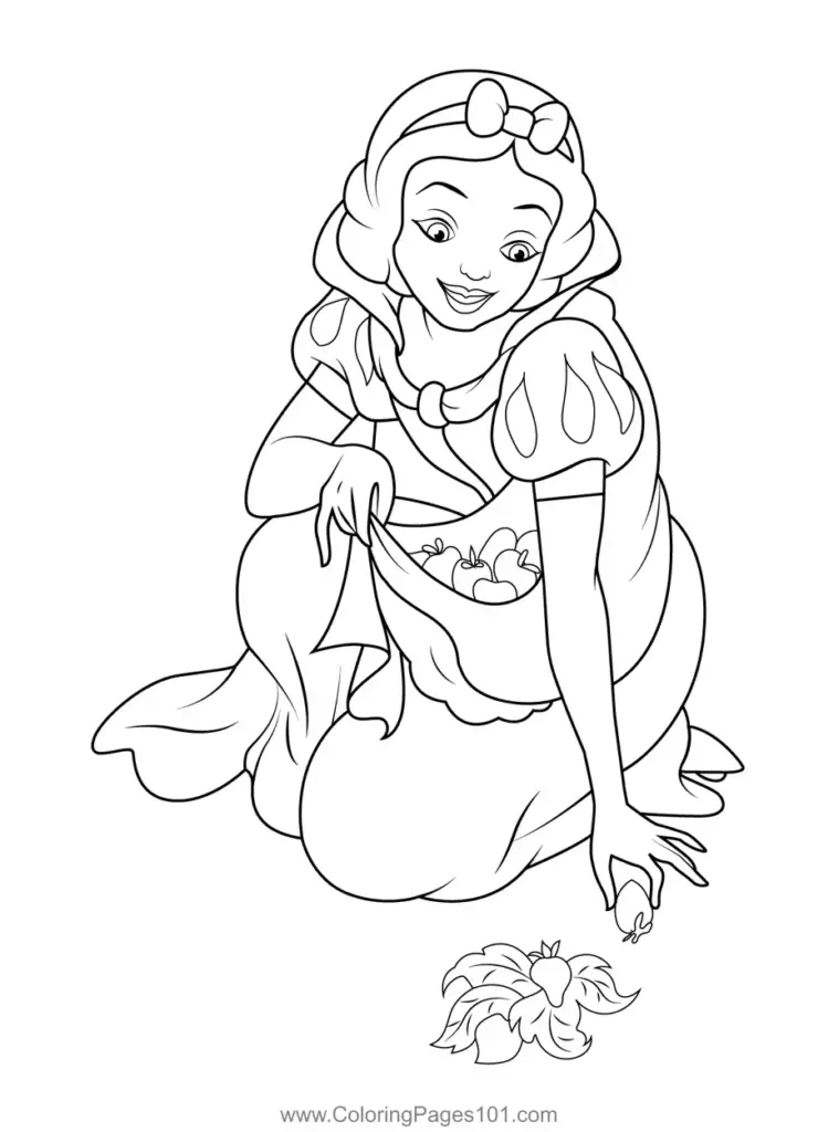 Line drawing of Snow White picking apples from basket