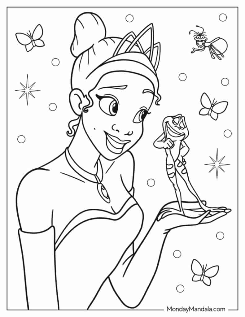 Black-and-white princess holding a tiny frog figure