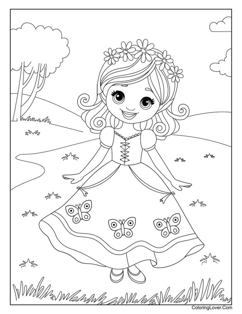 Coloring page of smiling girl in dress outdoors