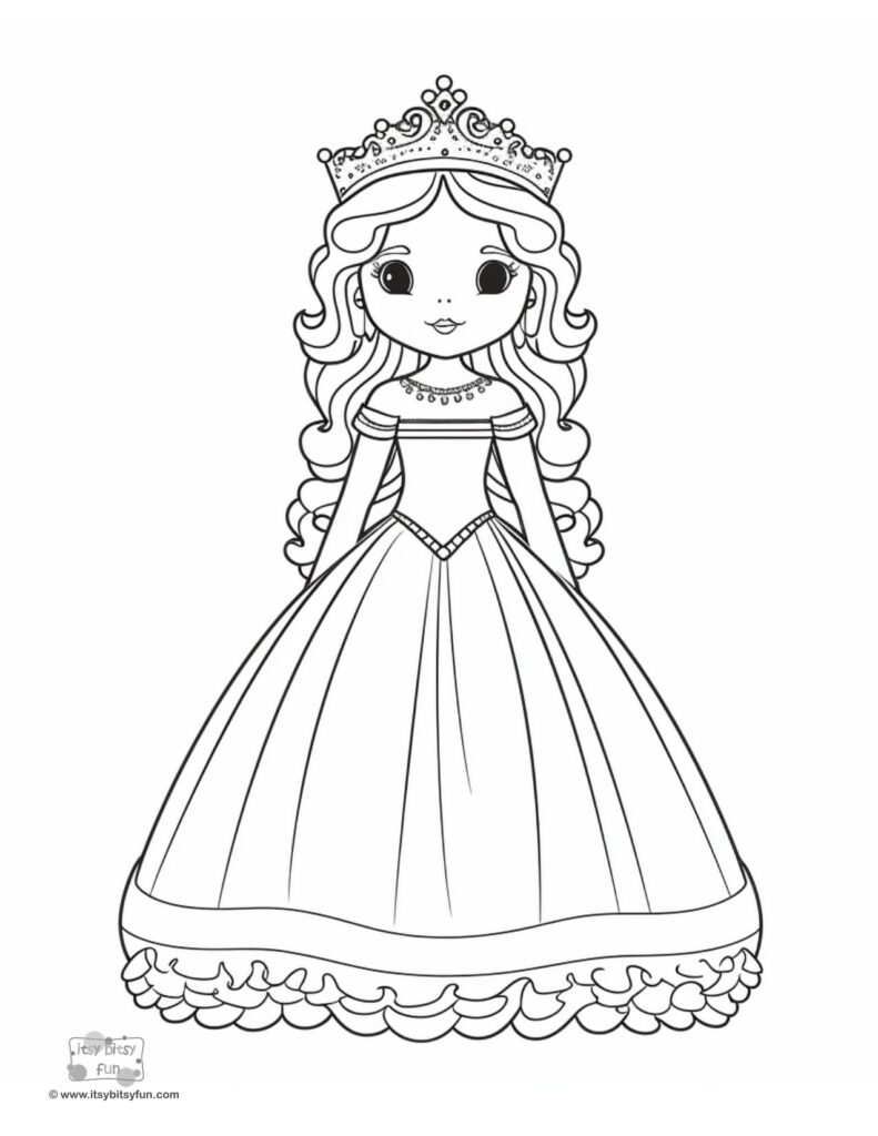 Princess coloring page with crown and gown