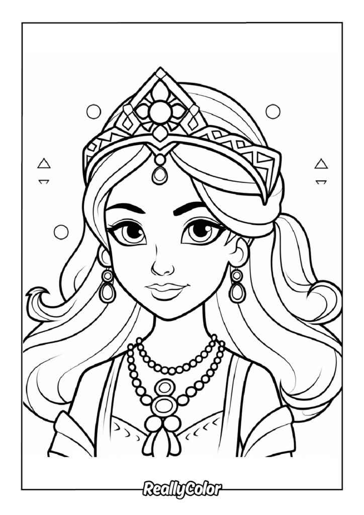 Line drawing of a jeweled princess with long hair