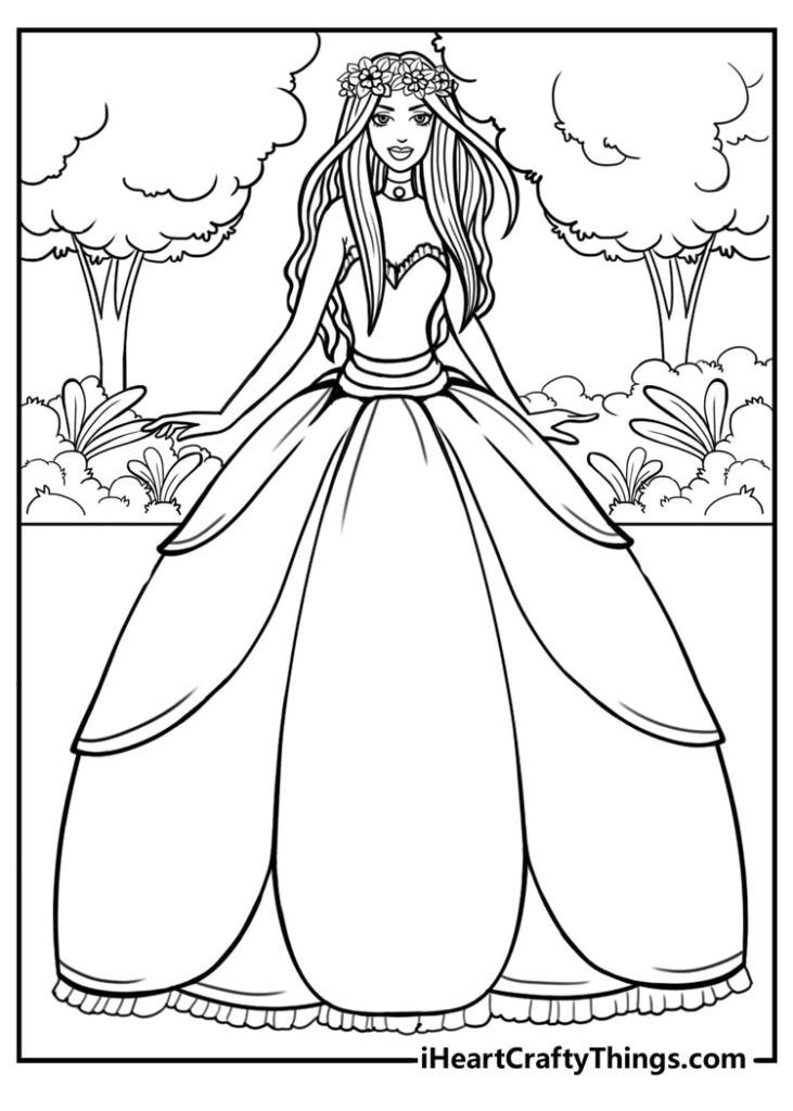 Line art of a woman in a garden dress