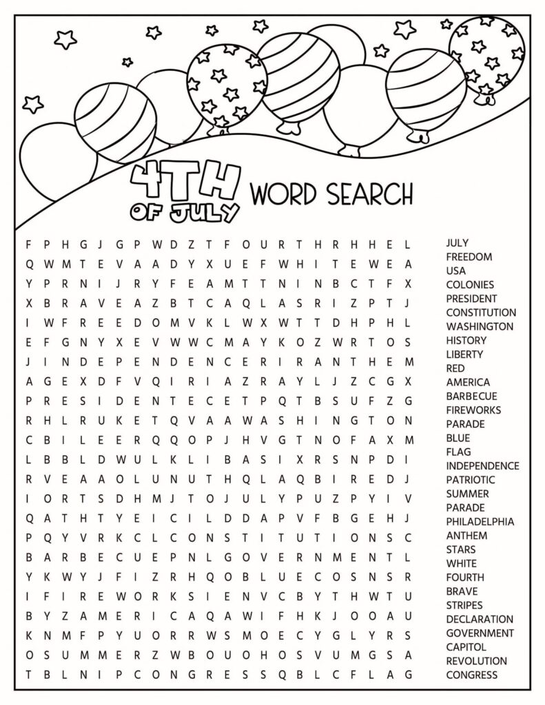 Fourth of July word search with balloons and stars