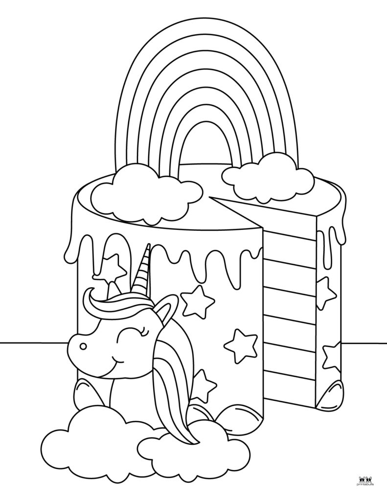 Unicorn birthday cake with rainbow and clouds coloring page