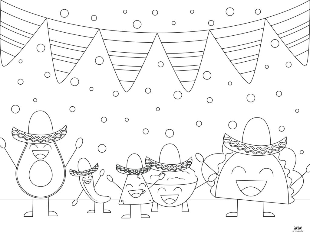 Cartoon tacos wearing sombreros under hanging bunting
