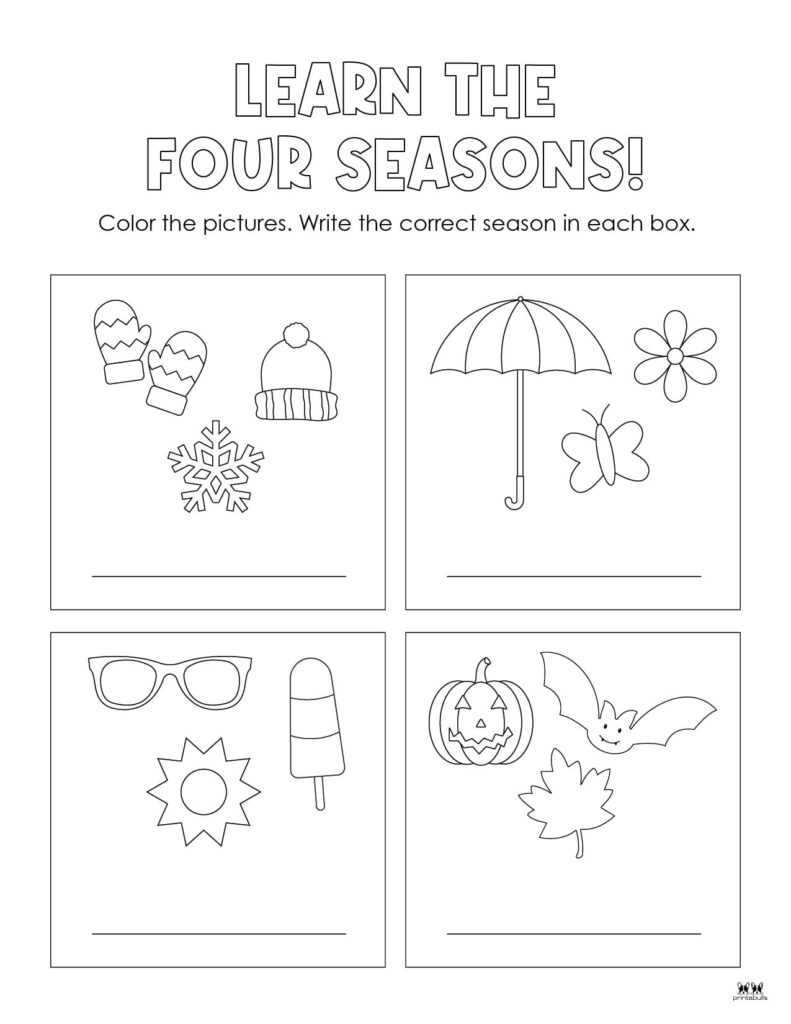 Four seasons worksheet with seasonal pictures in four boxes