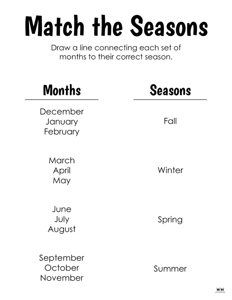 Season matching worksheet with months and seasons columns