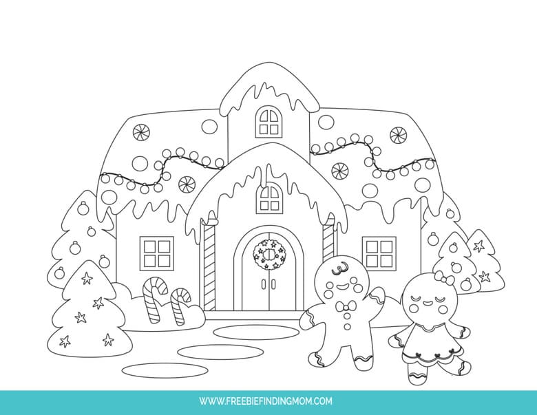 Gingerbread house coloring page with candy decorations