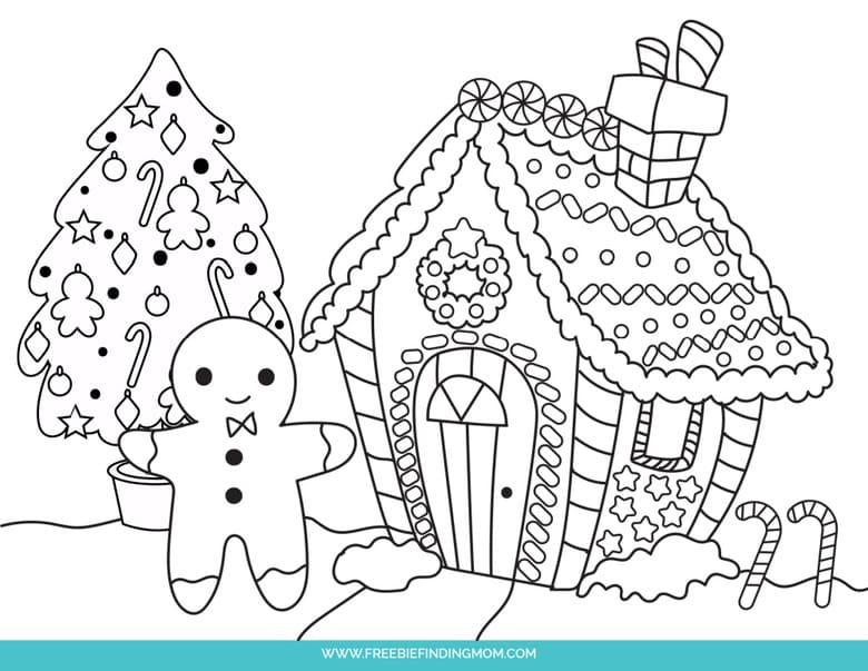 Gingerbread house, tree, and smiling gingerbread man coloring page