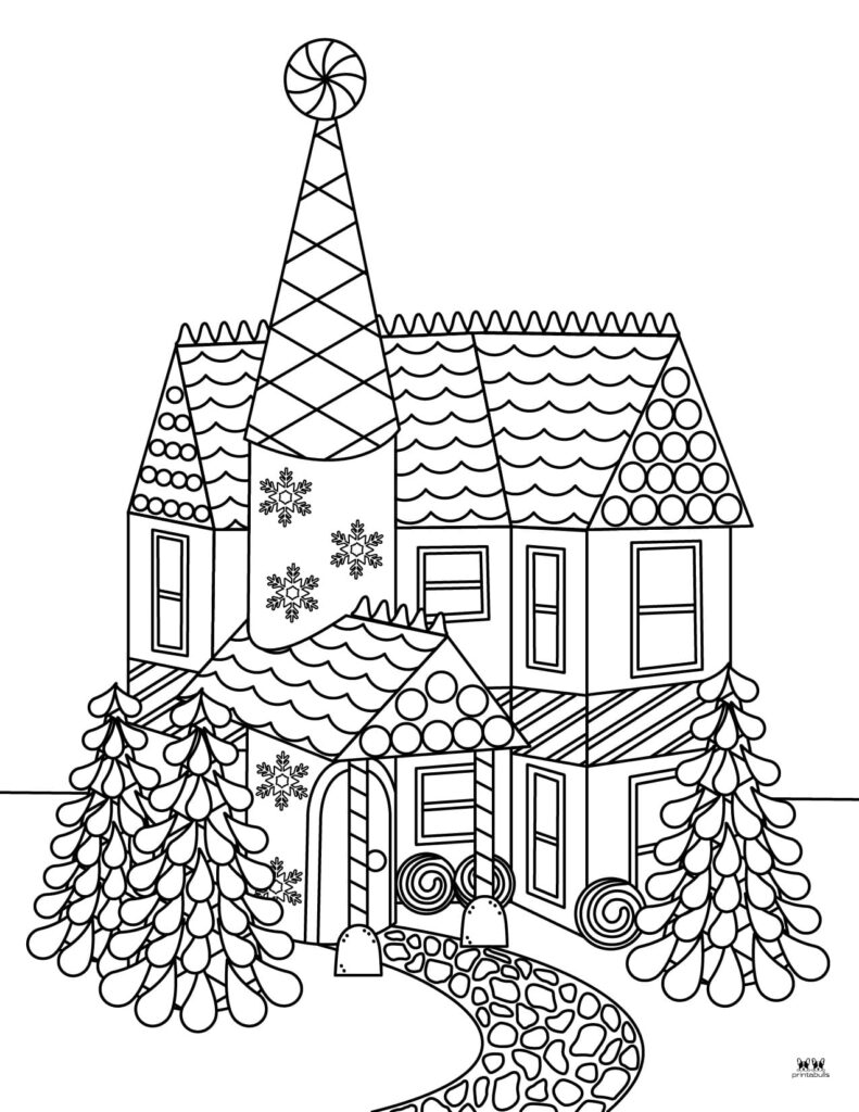 Coloring page of a whimsical gingerbread house with trees