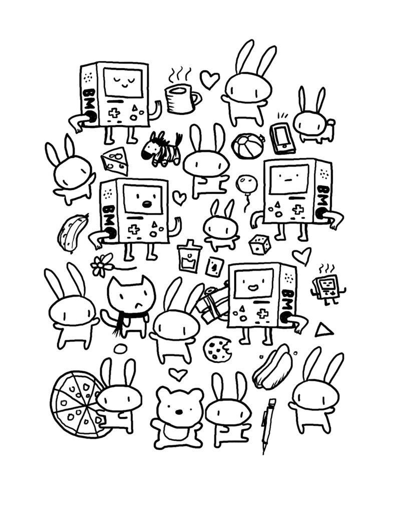 Cute cartoon bunnies, game consoles, and snacks