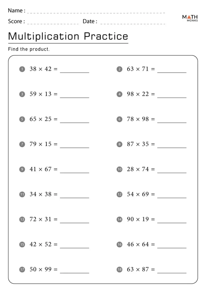 Multiplication practice worksheet with numbered problems and blanks
