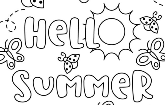 Butterflies and ladybugs around “Hello Summer” text