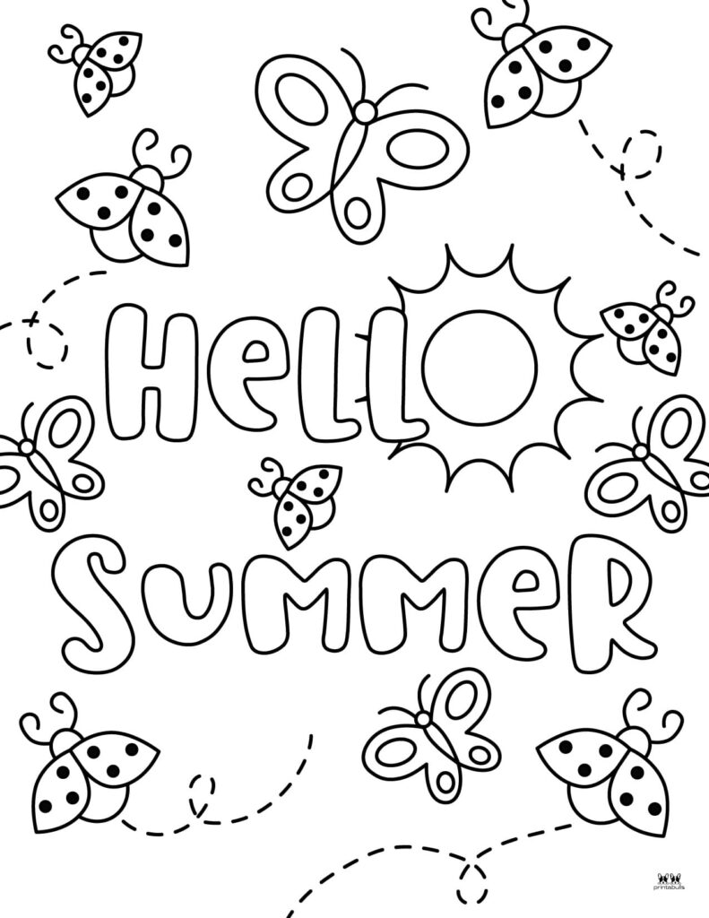 Butterflies and ladybugs around “Hello Summer” text