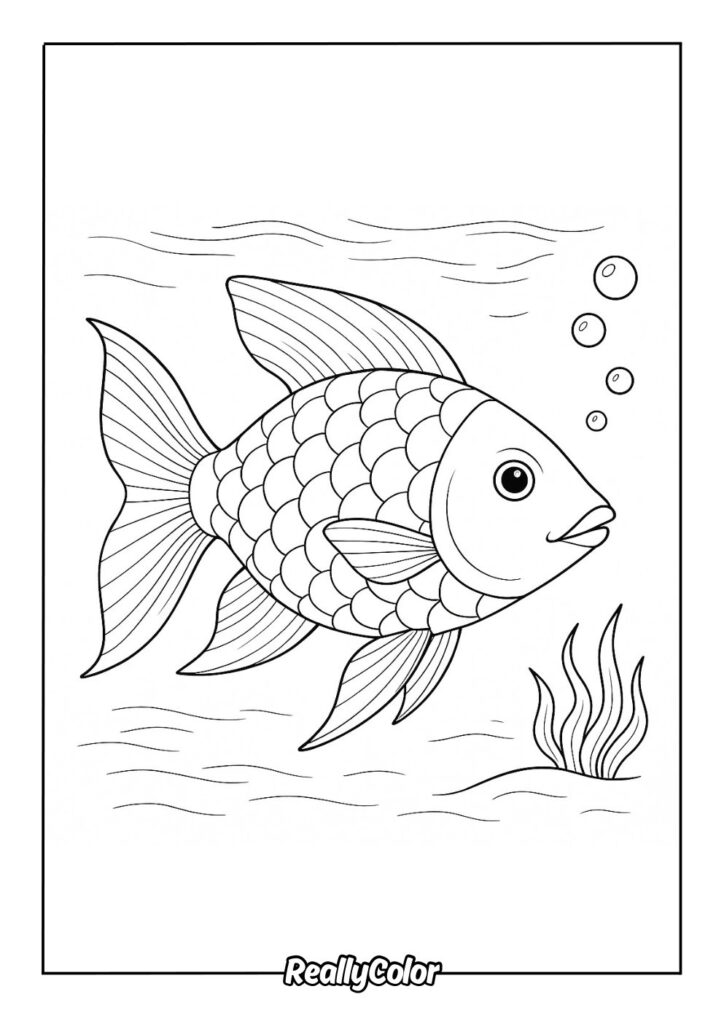 Black-and-white fish coloring page underwater with bubbles and seaweed