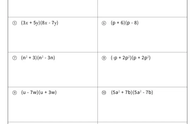 Math worksheet with binomial multiplication problems