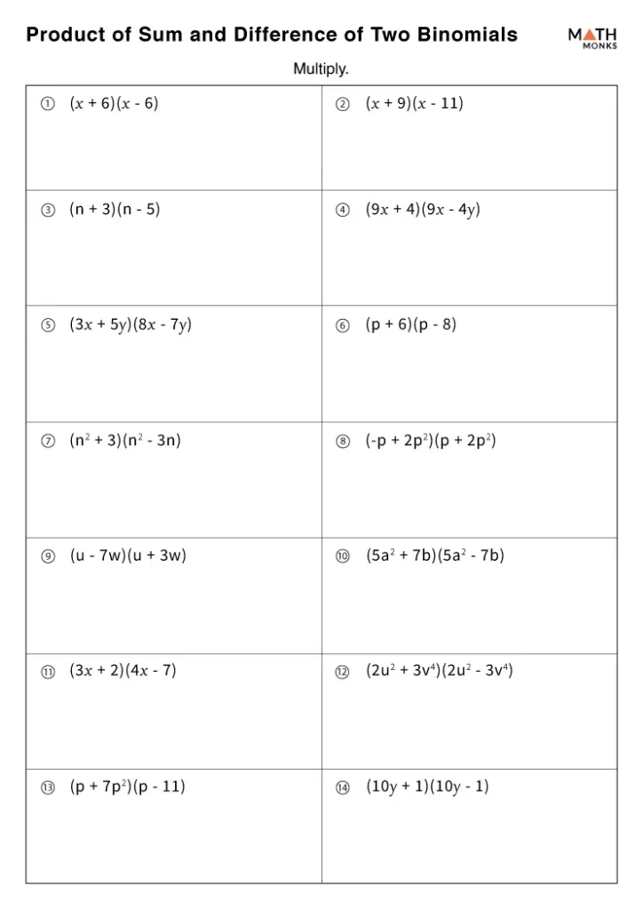Math worksheet with binomial multiplication problems