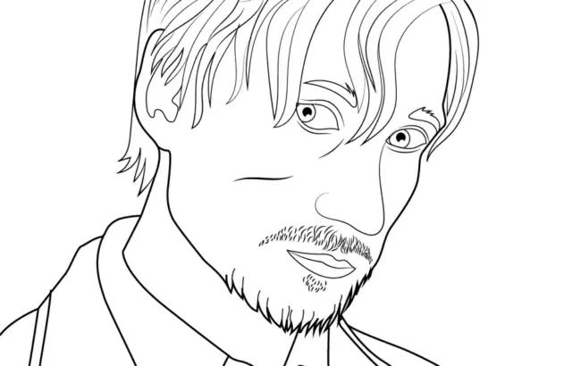 Black-and-white line drawing of a man's portrait
