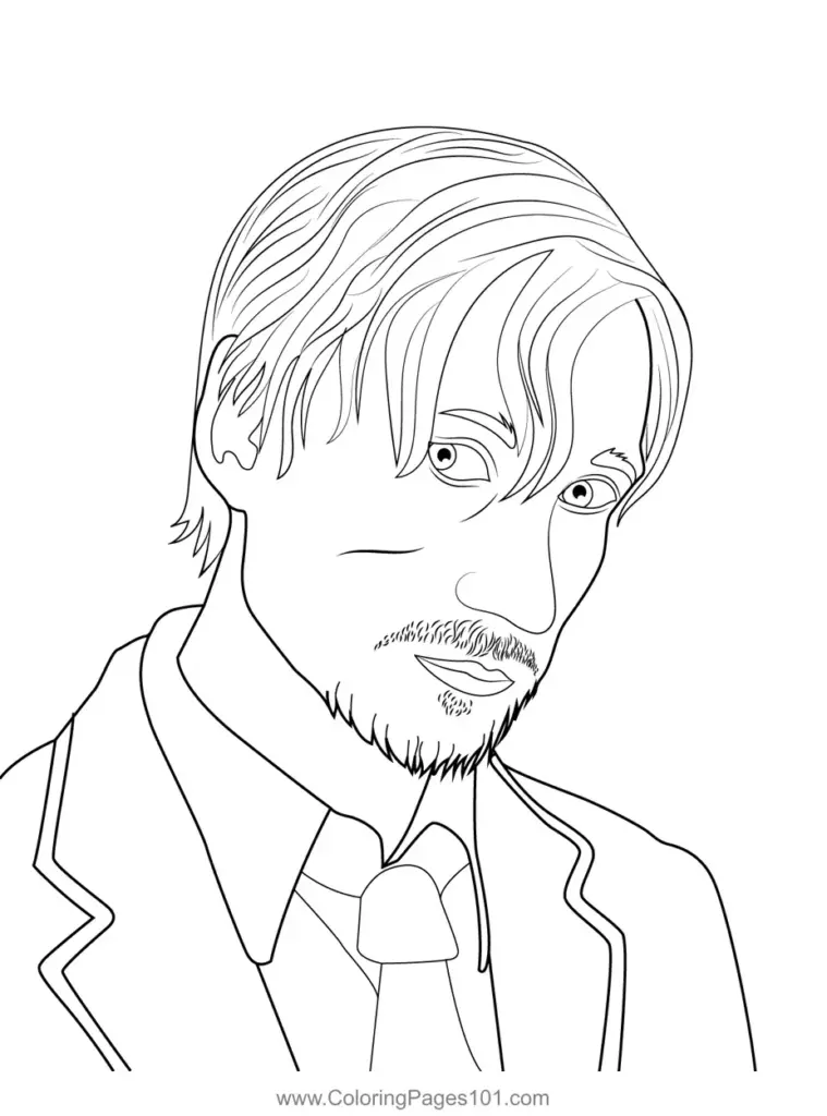 Black-and-white line drawing of a man's portrait
