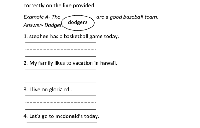 Proper nouns worksheet with circled example and numbered sentences