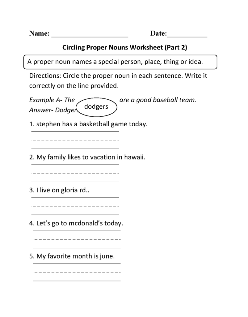Proper nouns worksheet with circled example and numbered sentences