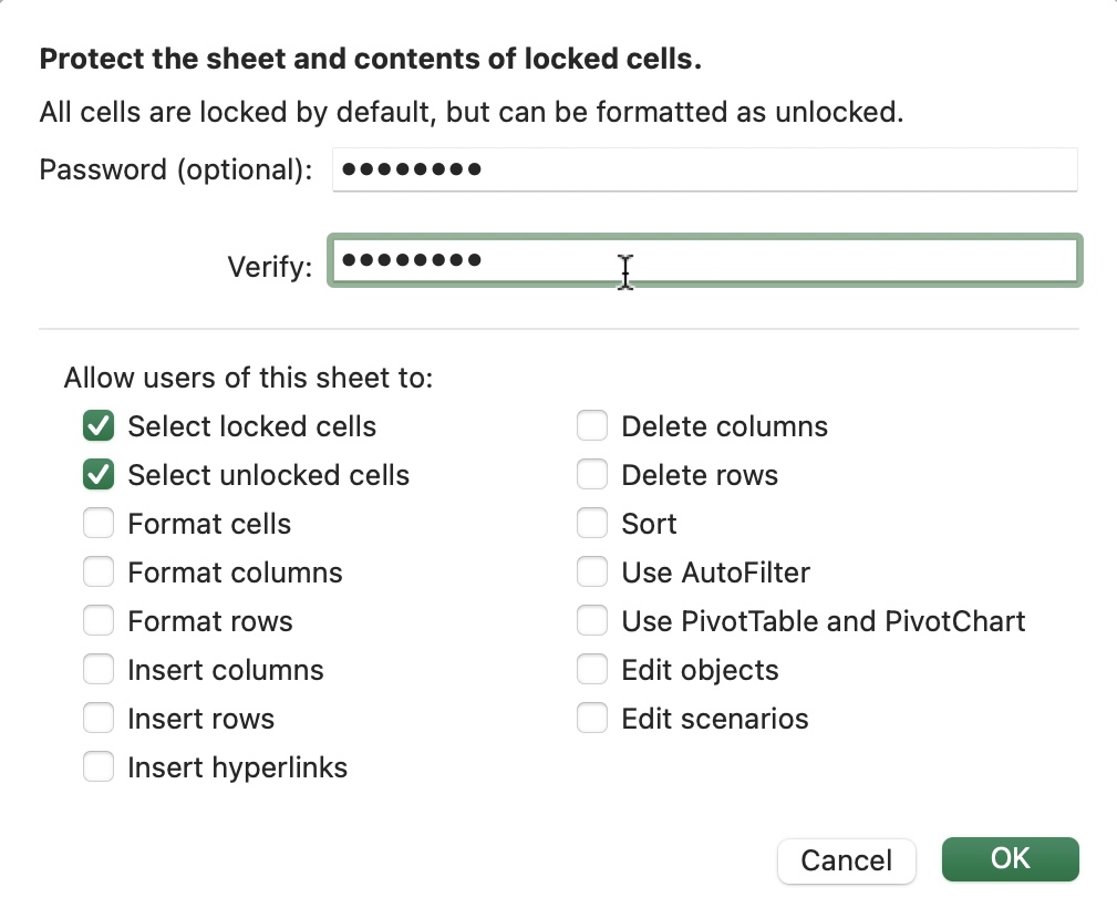 Spreadsheet protect sheet settings dialog with checkboxes and buttons