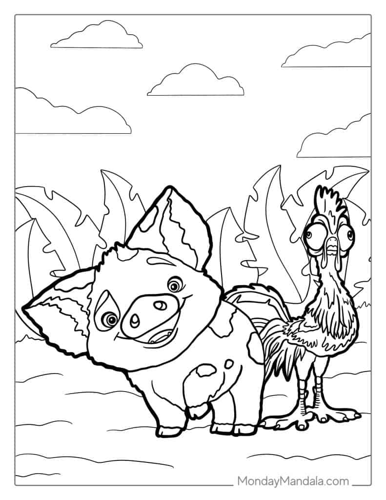 Cartoon pig and bird standing in jungle scene