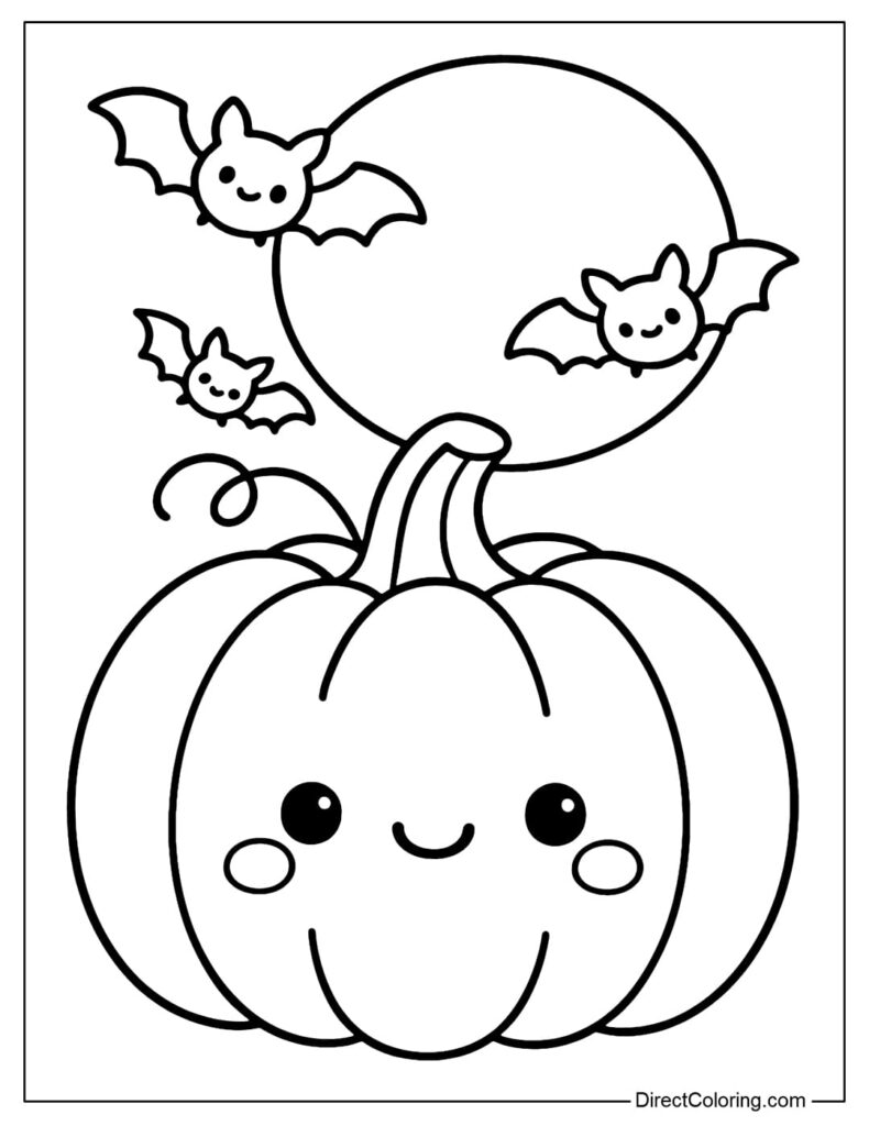 Cute pumpkin with bats above it on white page