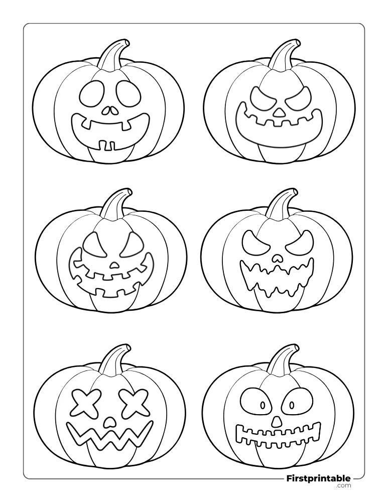 Six jack-o'-lantern faces on a printable page