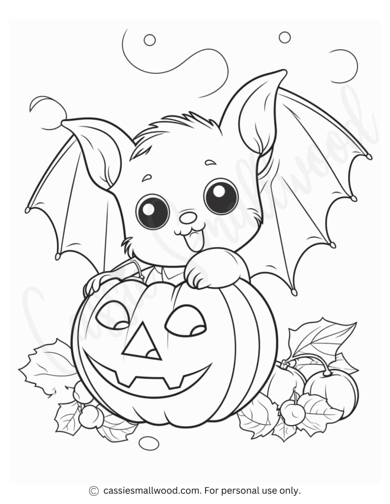 Cute bat behind jack-o'-lantern with leaves and pumpkins