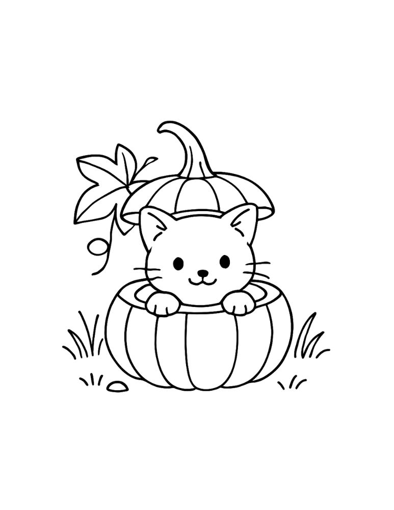 Cute cat peeking from pumpkin with leaf