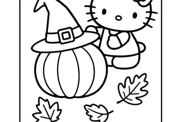 Hello Kitty beside pumpkin with witch hat, autumn leaves